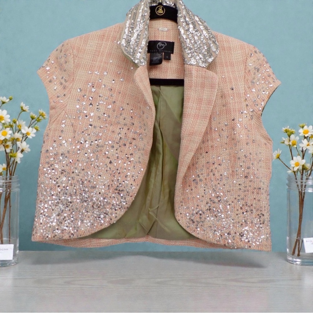 True Meaning cropped light peach Sequin Embellished Women's Jacket